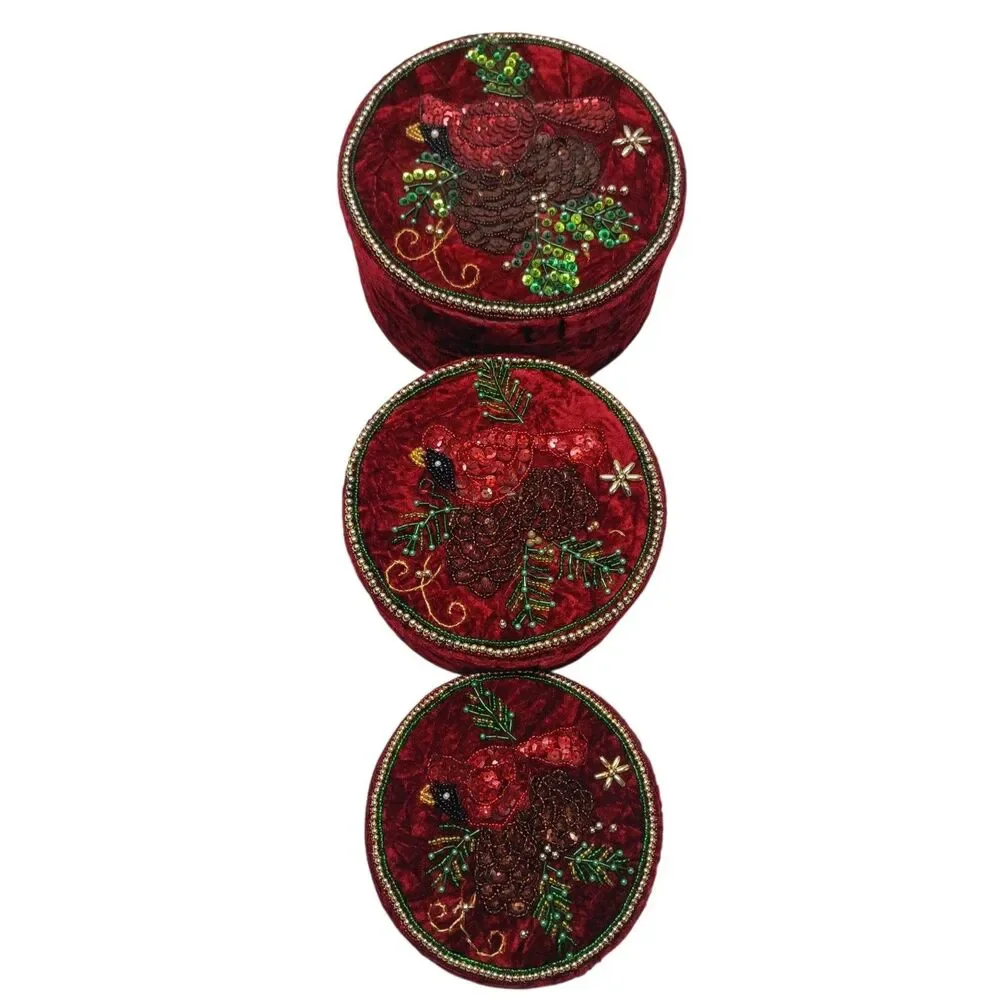 Vintage Red Velvet Christmas Gift Boxes Trinket Home Decor Cardinals Stackable